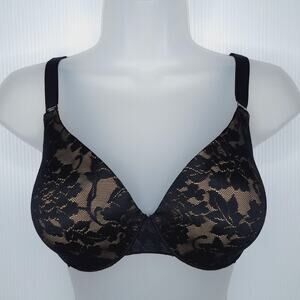 Soma Vanishing Back Full Coverage Lace Bra 34D Underwire Black Nude Floral